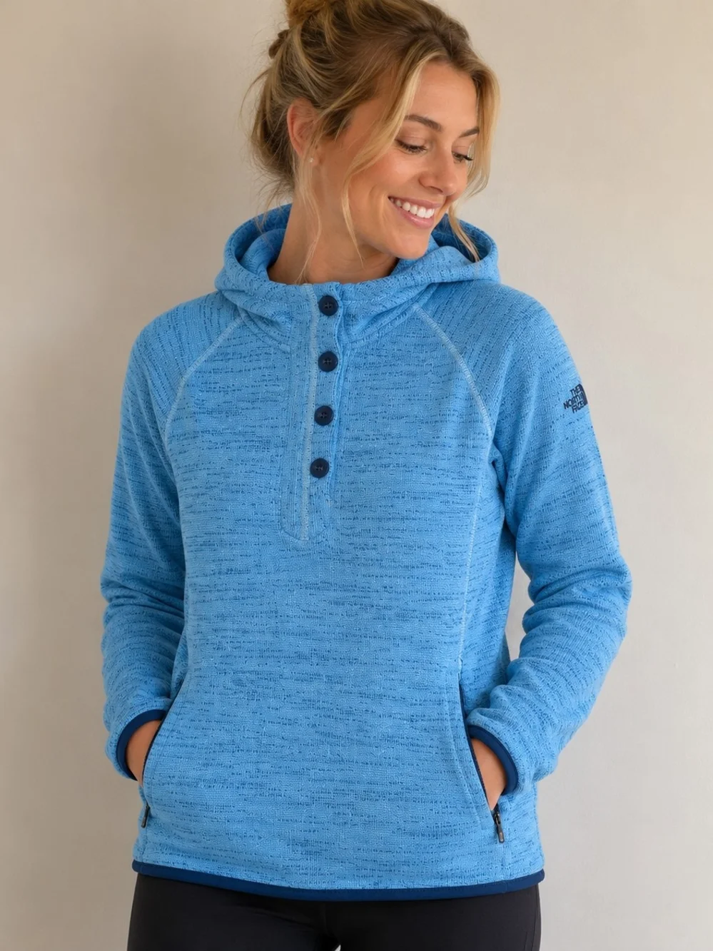 The North Face Women’s Large Blue Hooded Sweater Fleece Pullover Button Neck